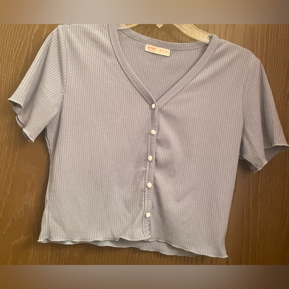 ROMWE by SHEIN Womens Blue Shortsleeve Button Crop Top Sz-M